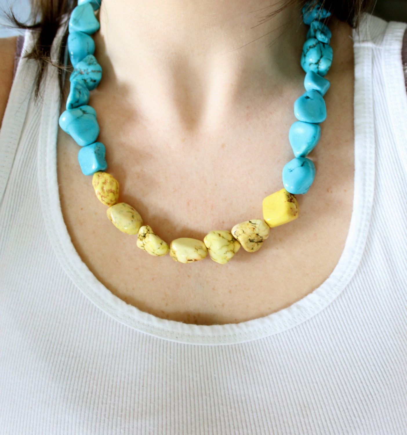 Turquoise and Yellow statement necklace color block