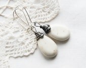 white stone howlite earrings, dangle,bead howlite, beadwork, birthstone drop hoop cluster rectangle retro