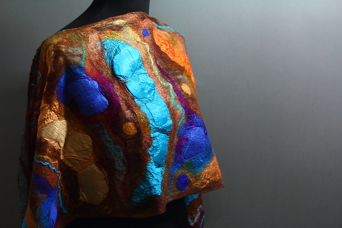 Nuno Felted Scarf chunky texture OOAK handpainted silk wool scarf Multicolor brown turquoise reversible
