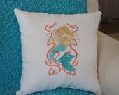 White Linen Elegant Mermaid Embroidered Pillow - 16x16 - Beach Decor