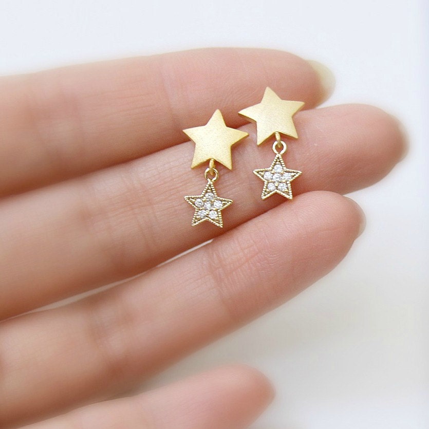 Wish Upon Stars. Golden Star Stud Earrings with Cubic Zirconia Pave