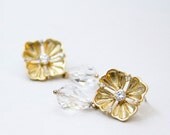 Art Deco Flower Gold Earrings Swarovski Crystal Teardrop Post Style