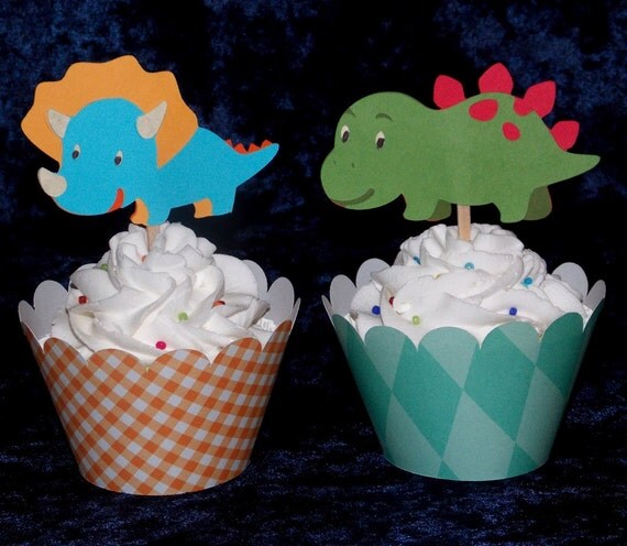 12 Dinosaur Paper Pieced Cupcake Toppers ... choose one or any combination ... blue green red orange ... made to order Il_570xn