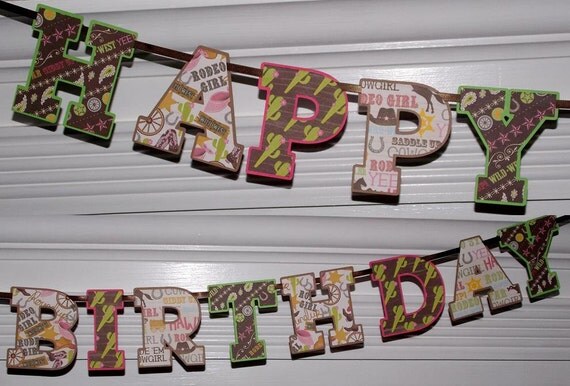 Happy Birthday Letter Banner ... Cowgirl Western Theme ... READY TO SHIP ... Brown Pink Green ... Cactus Stripes ... adjustable Il_570xn