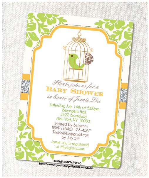 Baby Bird Invitation.Personalized. Flat 5x7. Digital. Printing optional. HoneyBunny Studio.