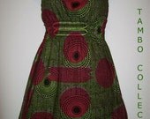 Mitex African print smocked waist women's mini dress, dark green and burgundy wine color