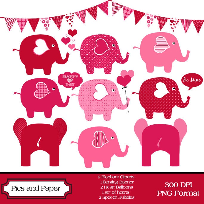 Digital Clipart- Valentine's Day Elephant- Bunting Banner- INSTANT DOWNLOAD Red and Pink CA36