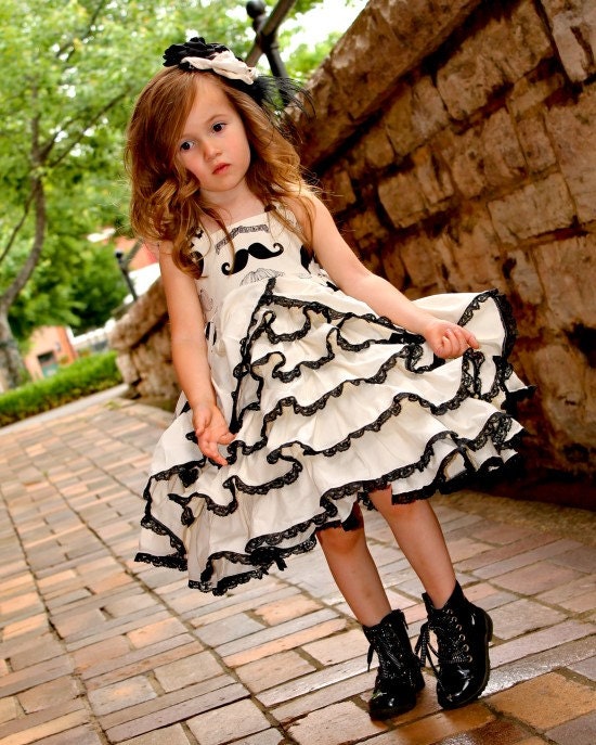 Girls Mustache and Lace Couture Ruffle Dress Sizes 6-12 M, 12-18 M, 18-24 M, 2, 3, 4, 5