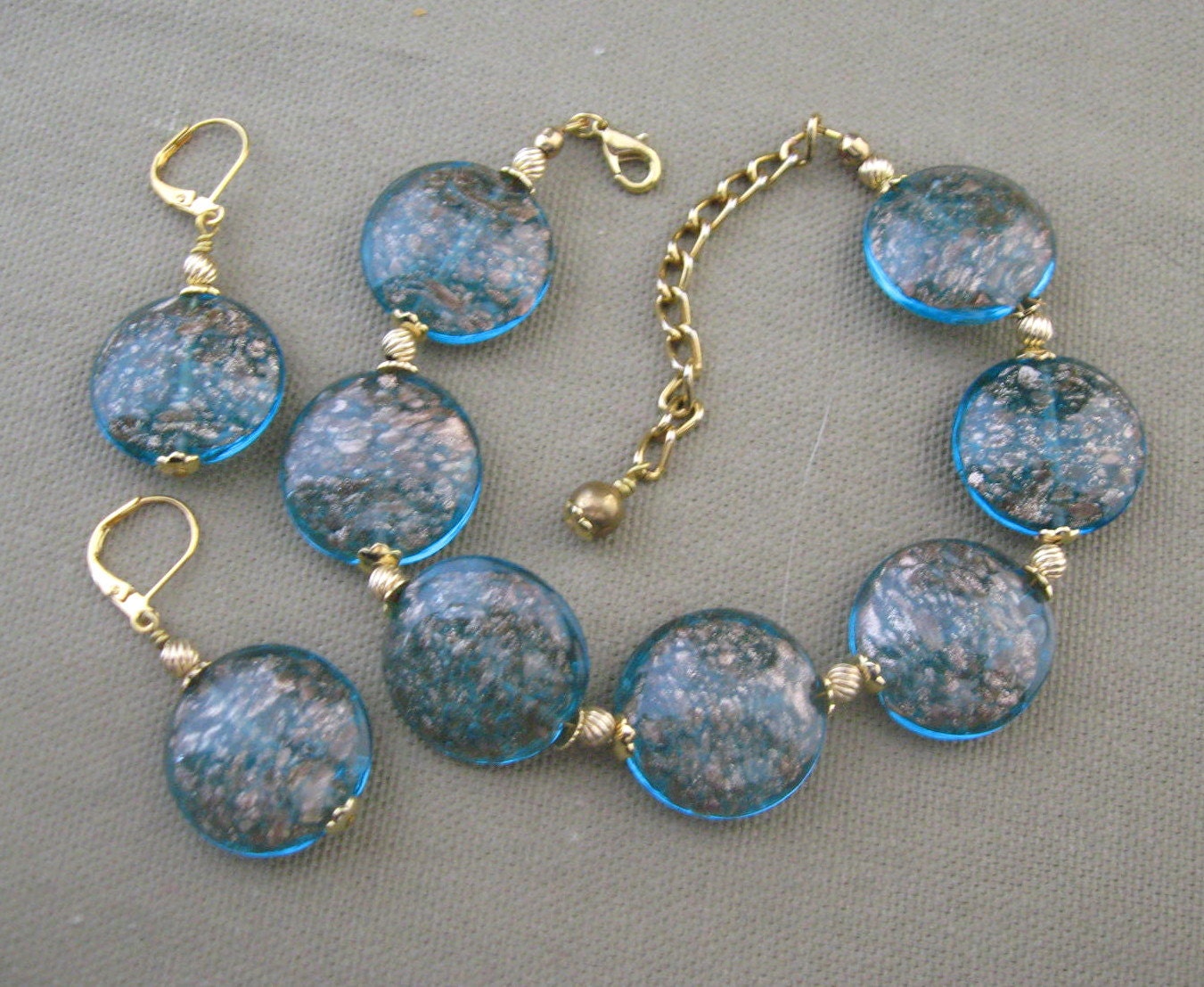 Blue Gold Dust Glass Bead Bracelet Earrings Set