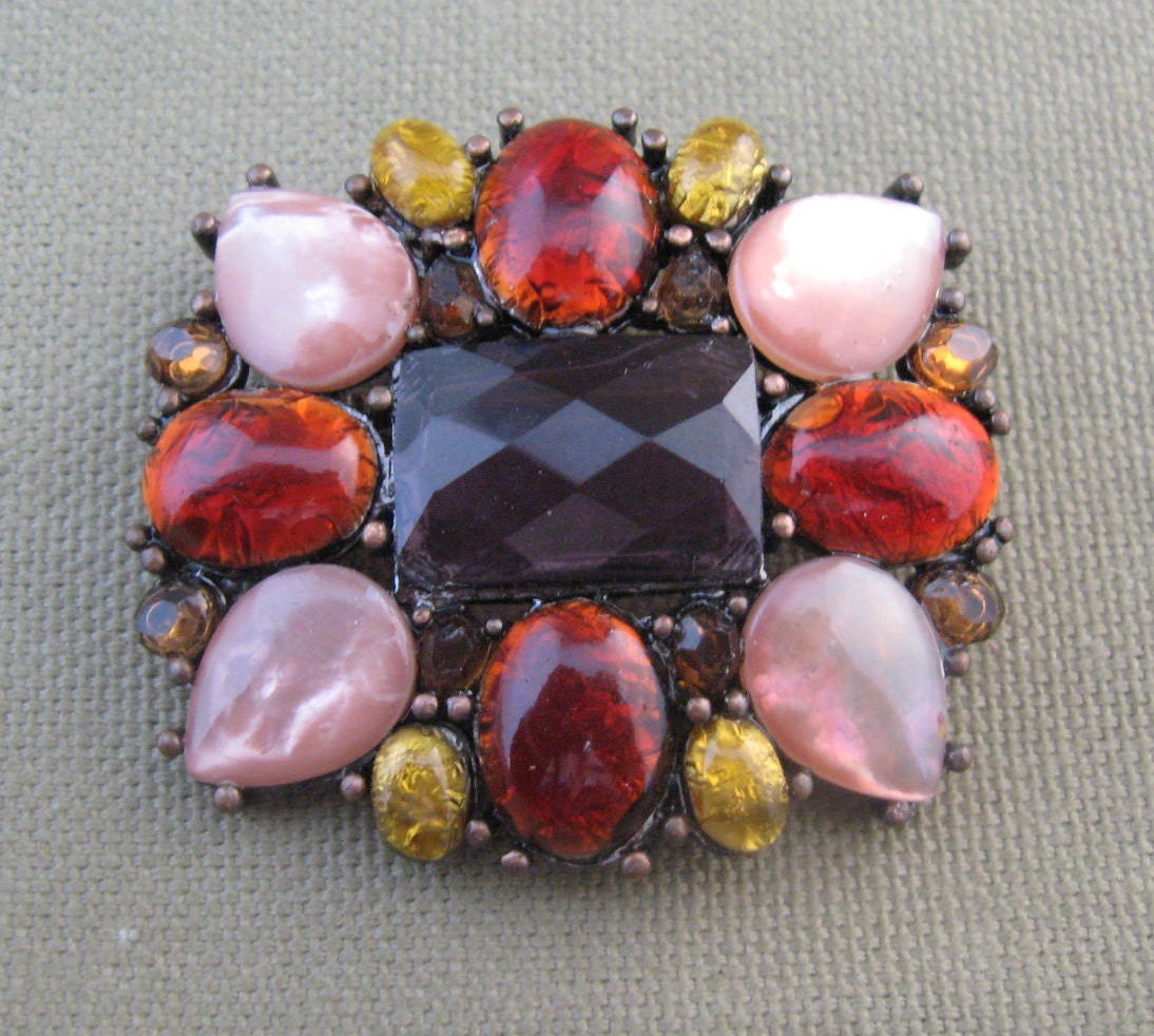 Vintage Colorful Rhinestone Clustered Brooch Liz Claiborne Signed