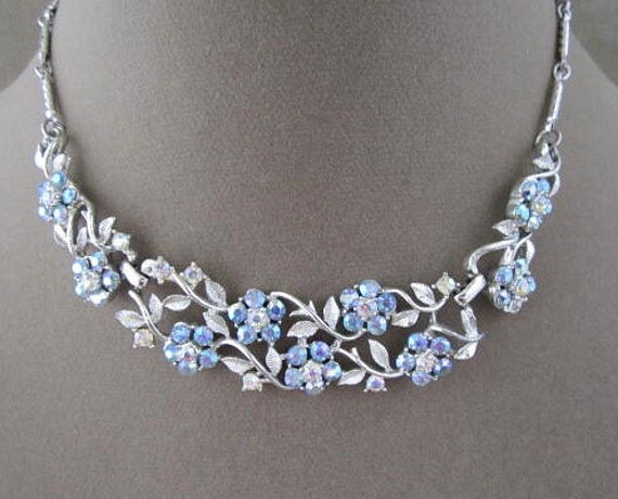 Coro Signed AB Rhinestone Flower Choker Necklace
