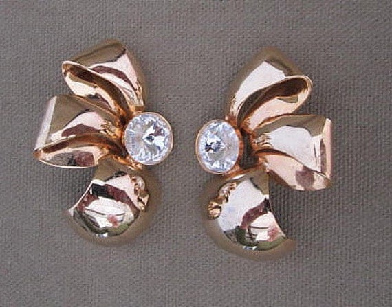 Large Gold Vintage Bow Rhinestone Post Earrings