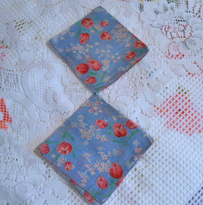 2 Sweet Spring RED TULIP HANKIES, Soft Blue Background, White Flowers, Lovely Lady Gift, 1900s Antique Handmade Accessory