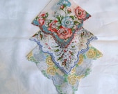 3 Sweet BLUE ROSE HANKIEs, Soft Spring Colors, Gold, Teal, Pink Rosebuds, Lily of the Valley, 1950s Vintage Accessories