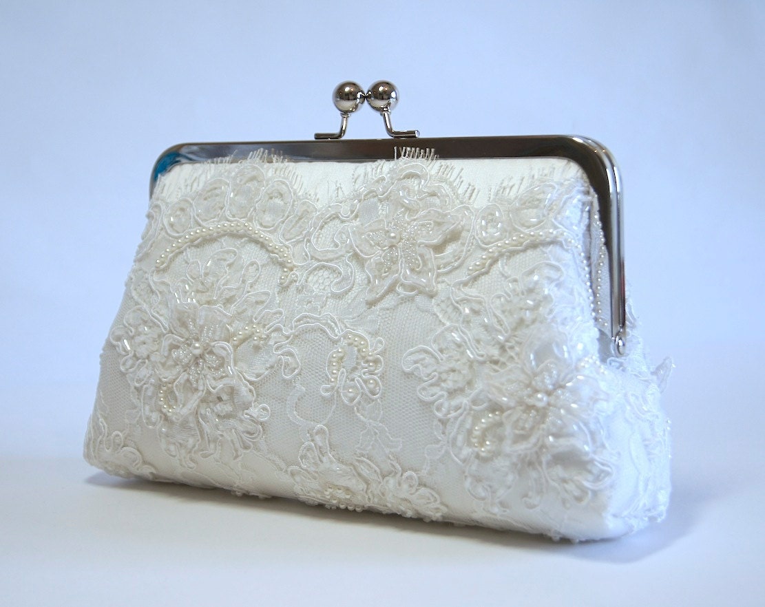 EllenVintage Alencon Beaded and Appliquéd Lace  Silk Clutch in White off,  wedding clutch, Bridal clutch, Purse for wedding