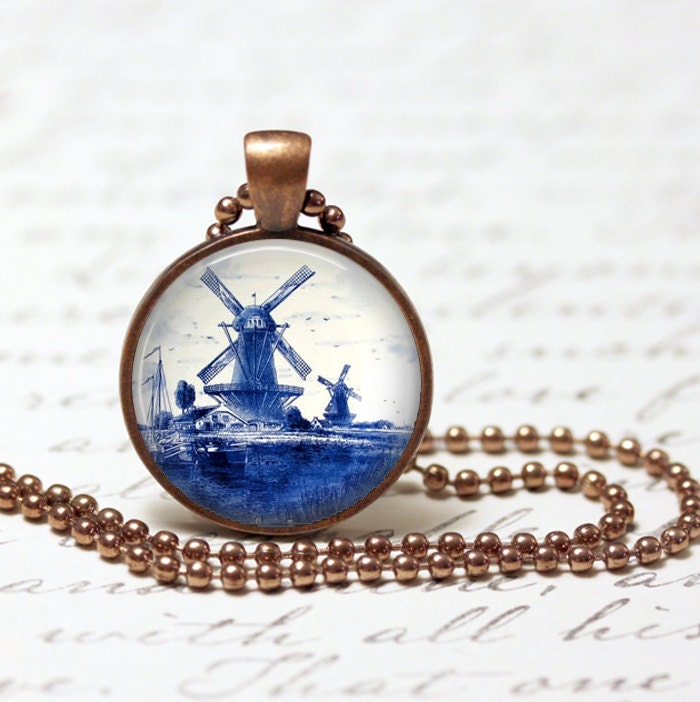 Dutch Delft Windmill Pendant - Resin Pendant  Delft Jewelry Resin Jewelry 362