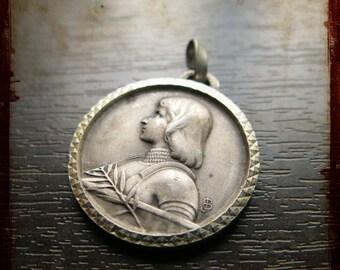 Antique French Silver Saint Joan of Arc Religious Large Medal - Vintage pendant Jewelry Maid of Orleans and Domremy house