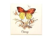 Vintage 1970s Chicago Souvenir Ceramic Tile Trivet - Butterfly & Flowers - Spring Home Decor Wall Decor Peach Orange Yellow