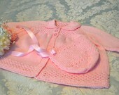 Pink Cotton Sweater and Bonnet Hand knit  Infant size 6 to 12 mos