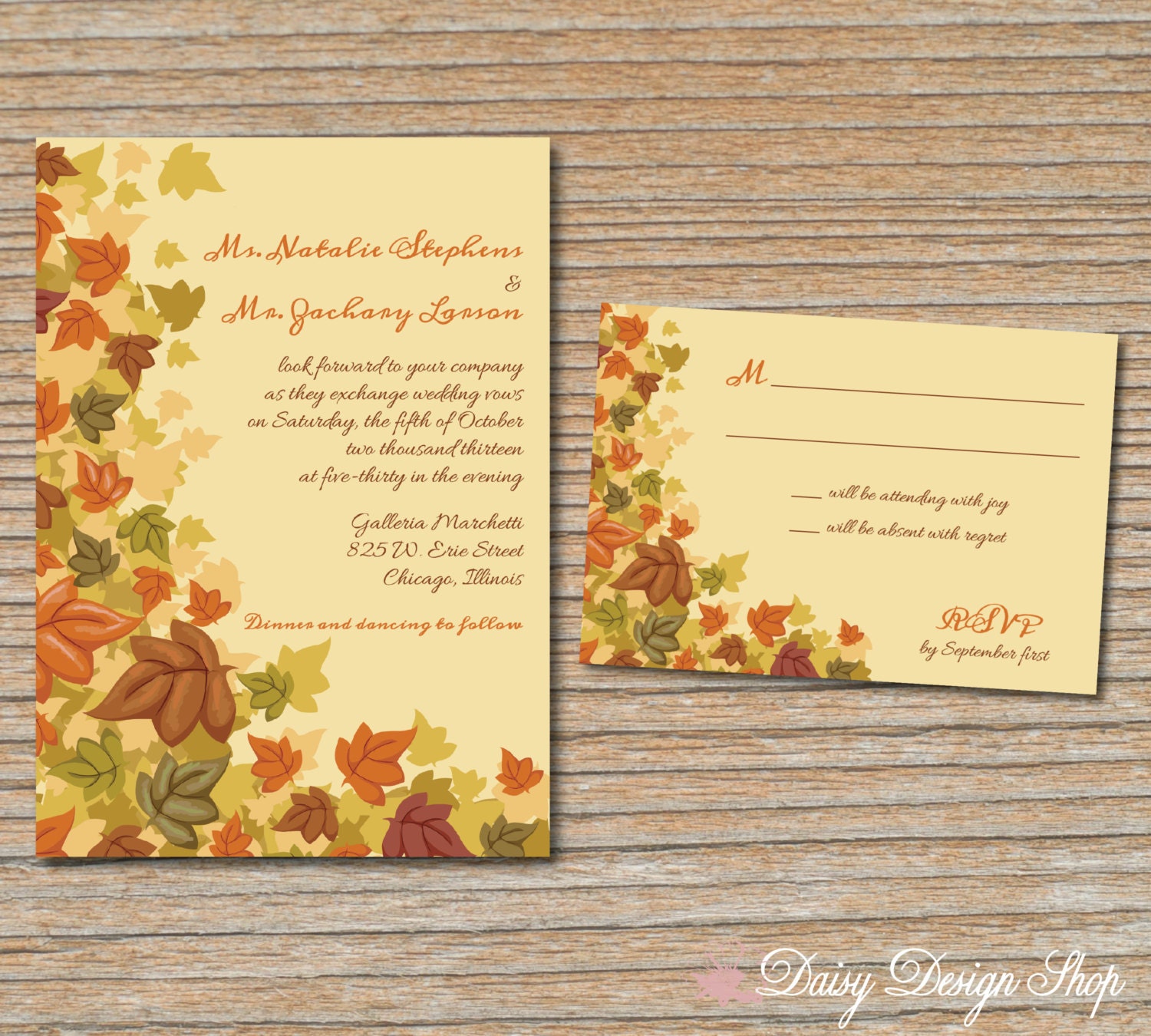 Wedding Invitation - Autumn Leaves Falling - Invitation and RSVP Card with Envelopes