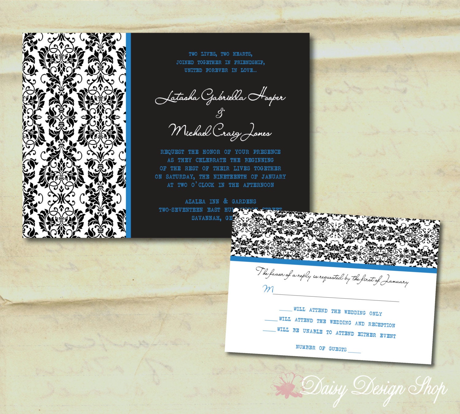 Wedding Invitation - Damask in Black and White with Colorful Accent - Invitation and RSVP Card with Envelopes