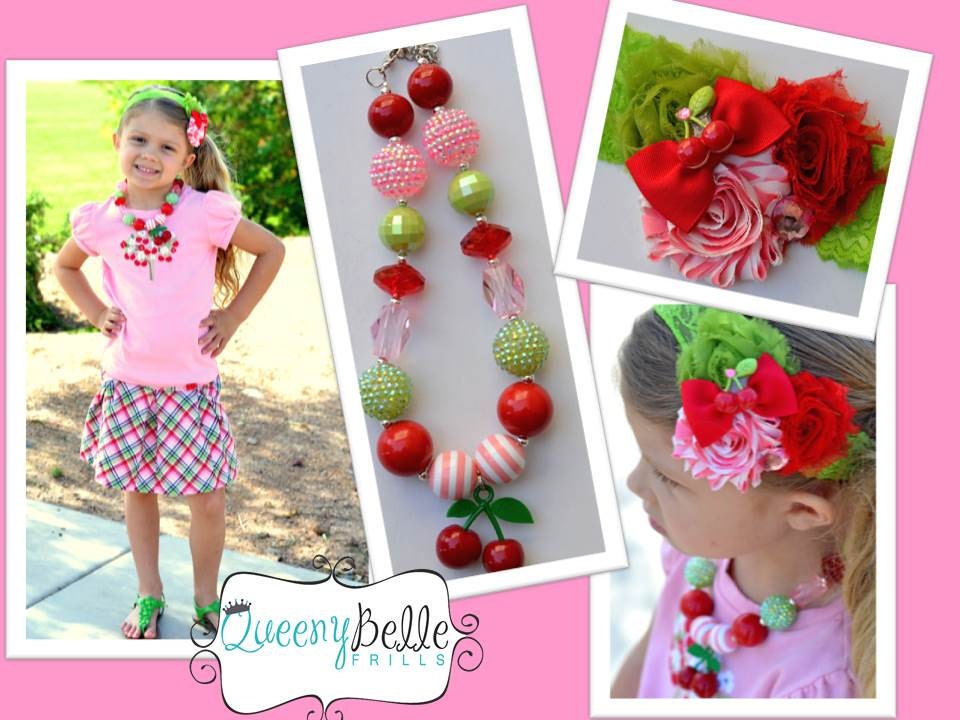 Cherry Cute Girls Chunky Beaded Necklace/Headband SET  M2M Gymboree Red, Pink, White, Green