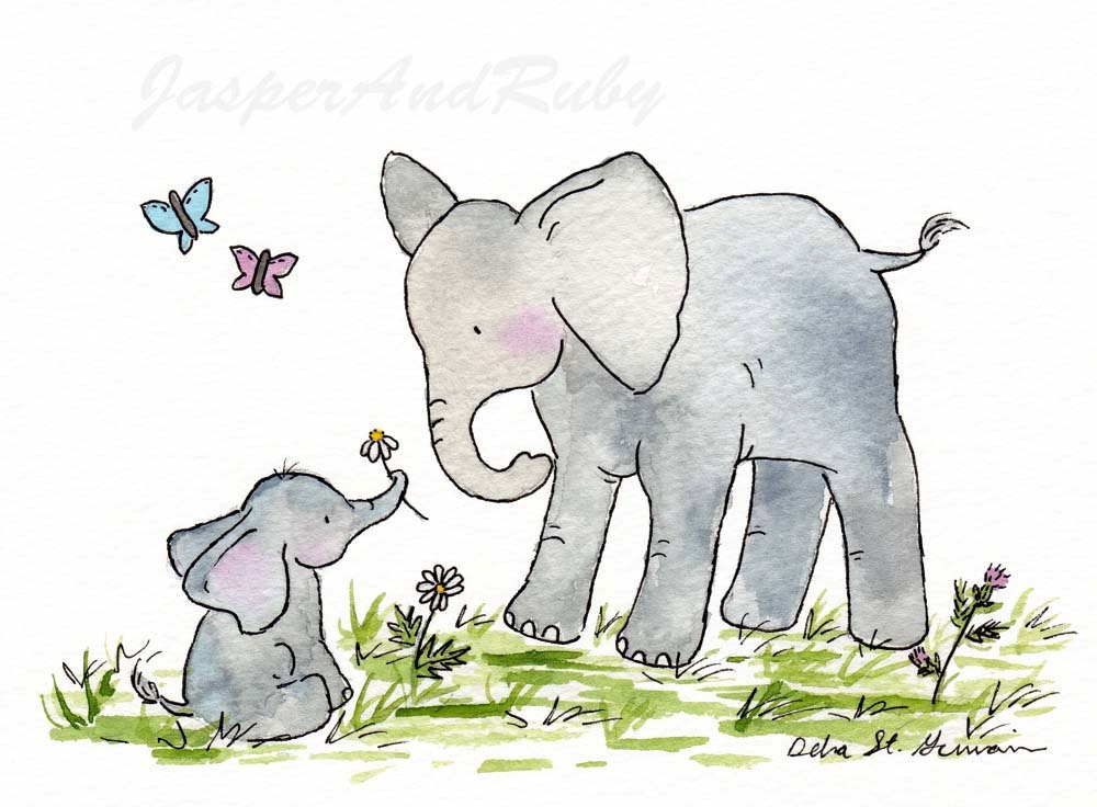 Elephant Nursery Art Print for Baby and Children- Ellie and Mama - 8X10 Archival PRINT- Nursery Wall Decor- Nursery Wall Art