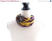 SPRING CLEARANCE Upcycled Purple & Mustard Cotton Infinity Scarf/Necklace with Floral Brooch