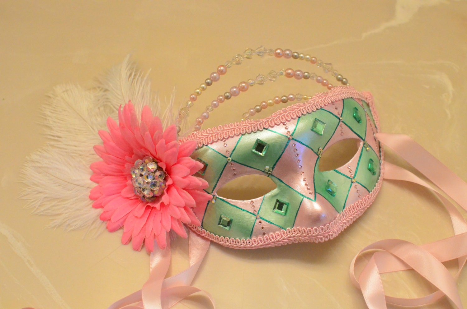 Pink Princess Mask - Venetian Diamonds Flower with beaded crown rhinestones Party New Years Masquerade Nymph Woodland Fairy