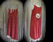 Long Paisley Cotton Dress, red bohemian hippie dress, redesigned lace embellished, empire waist, SMALL MEDIUM