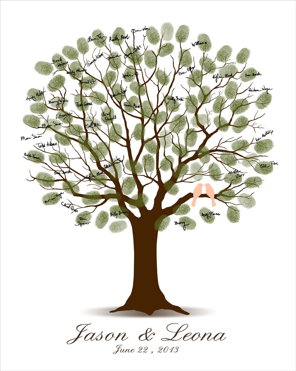 Wedding Tree Guest Book PRINT with Love Birds 16x20 up to 115 signs or 17x22 up to 140 signs - Fingerprint Signature Tree - FAST SHIPPING