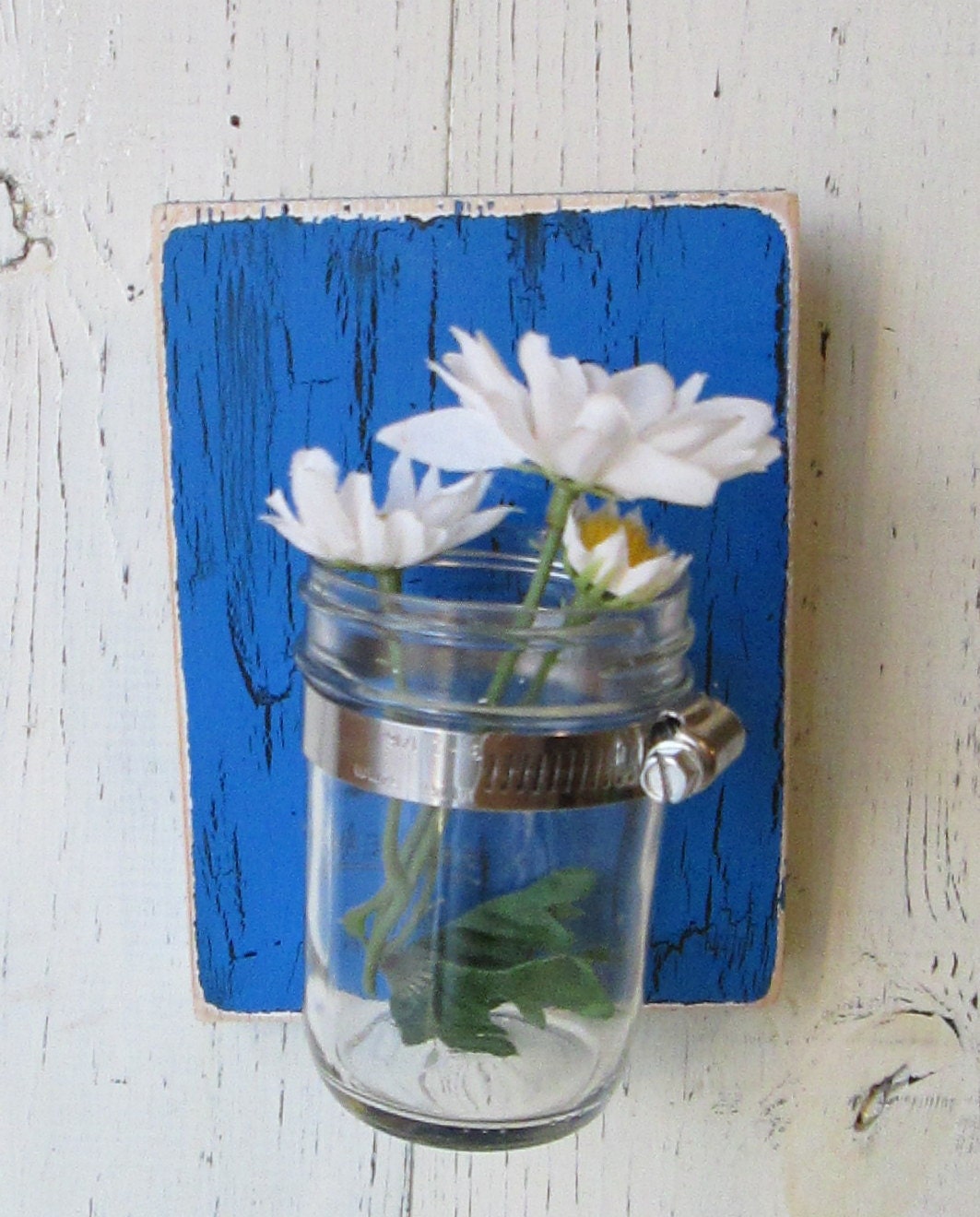 Distressed wood Sconce with Mason Jar  in blue Shabby Chic Decor French Cottage Free Shipping in USA