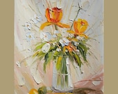 Loved by teh Sun 18 x 24 Flowers Original Oil Painting Yellow Orange Sunny Vase Still Life Palette Knife  by Marchella