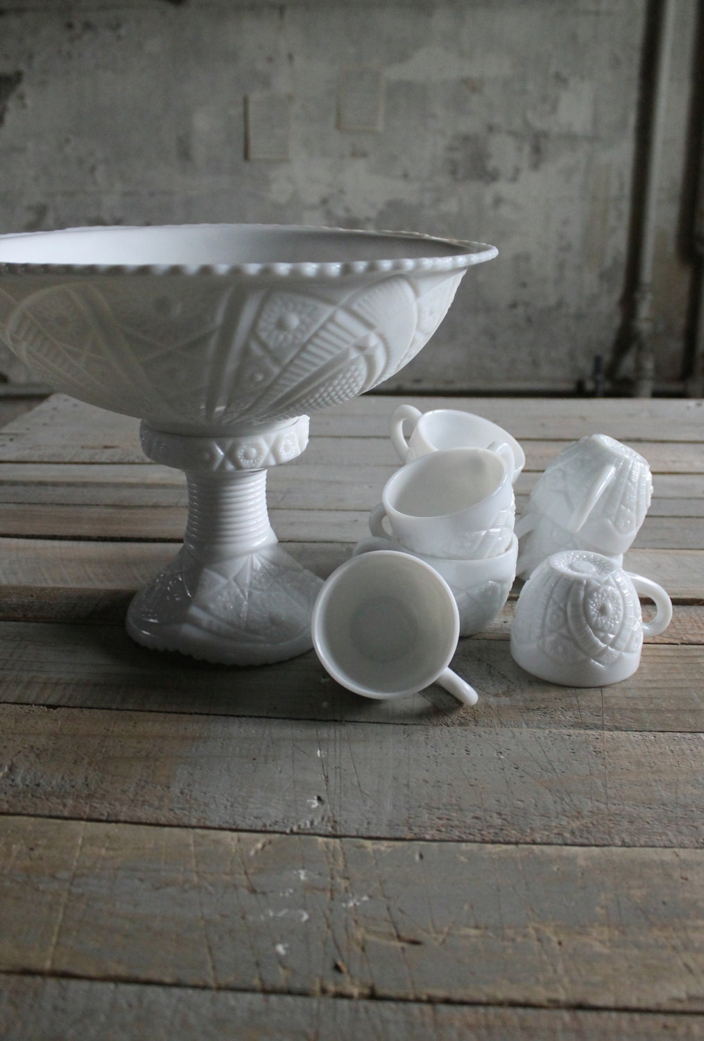 10 Pc Vintage Milk Glass Punch Bowl with Cups