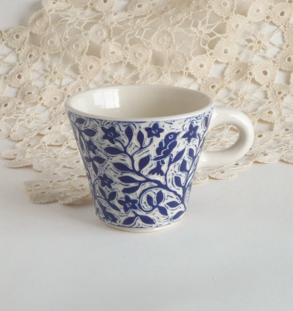Charming Blue and White Hand Carved Cup with Birds and Flowers