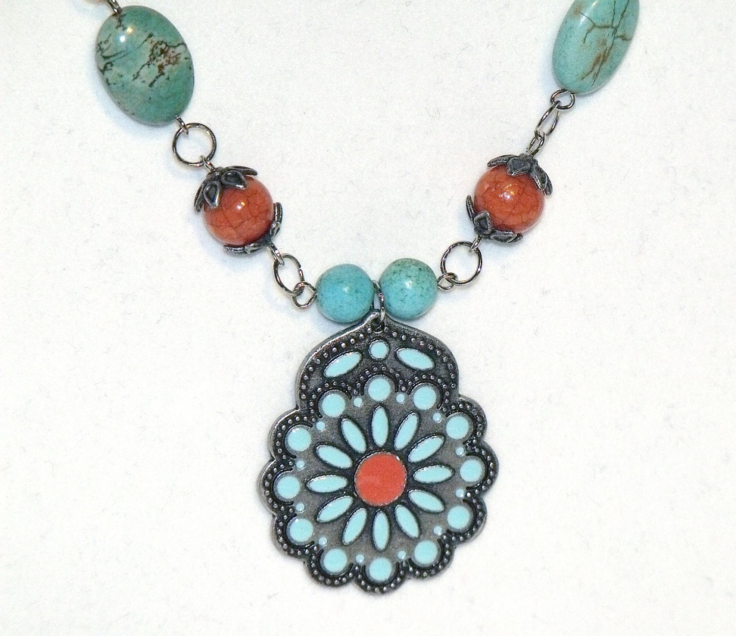 Turquoise Orange and Silver Pendant Necklace - stone glass metal long beaded