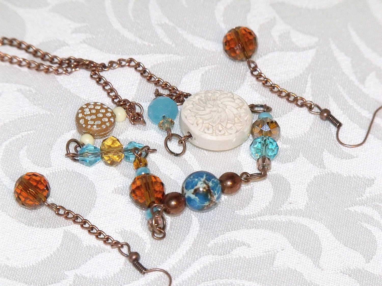 Multi Color Sand Sea Bead Chain Necklace Earrings - blue brown ivory stone glass crystal