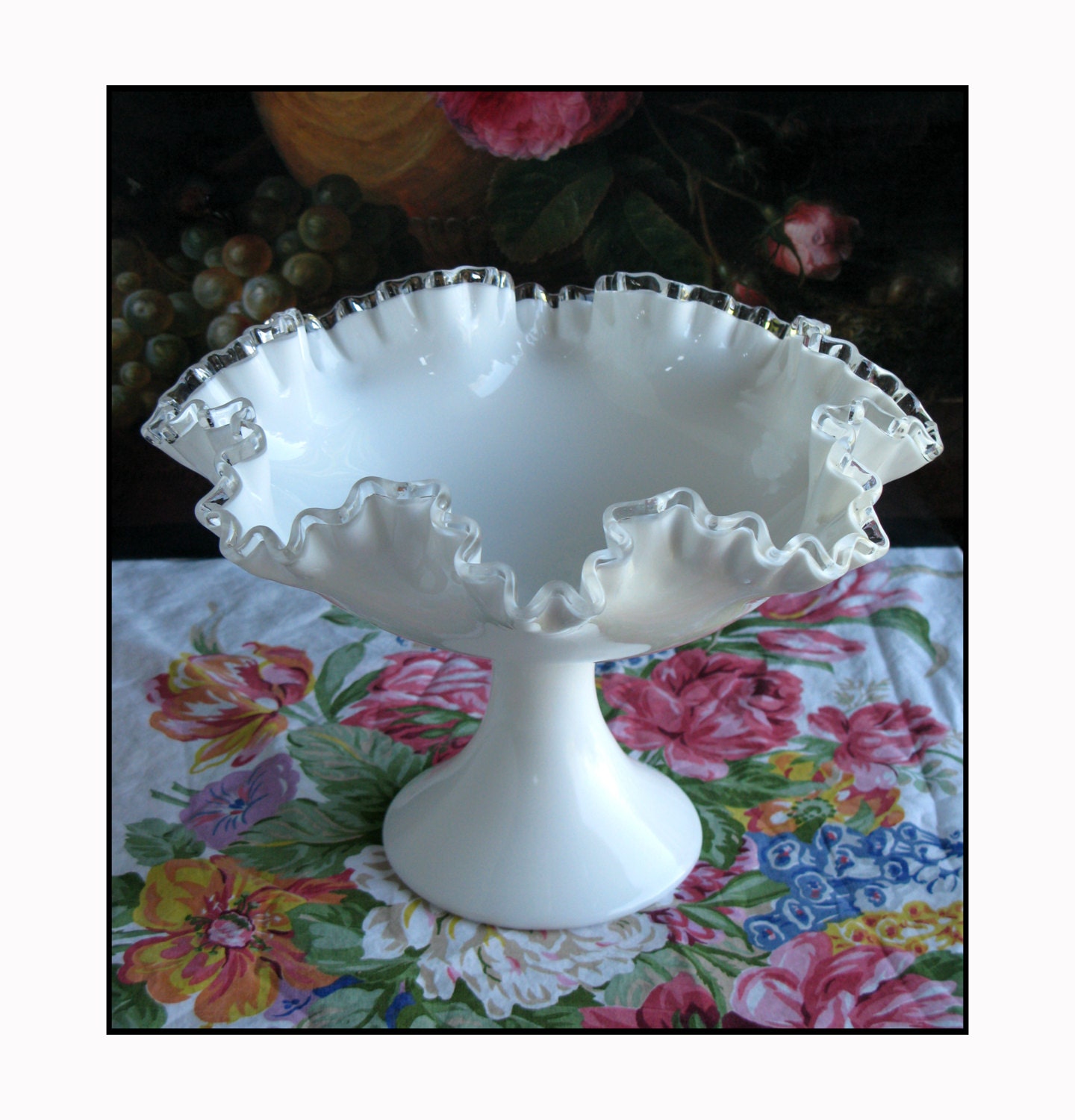 Extra Large Fenton Silver Crest Milk Glass Compote/Wedding Centerpiece