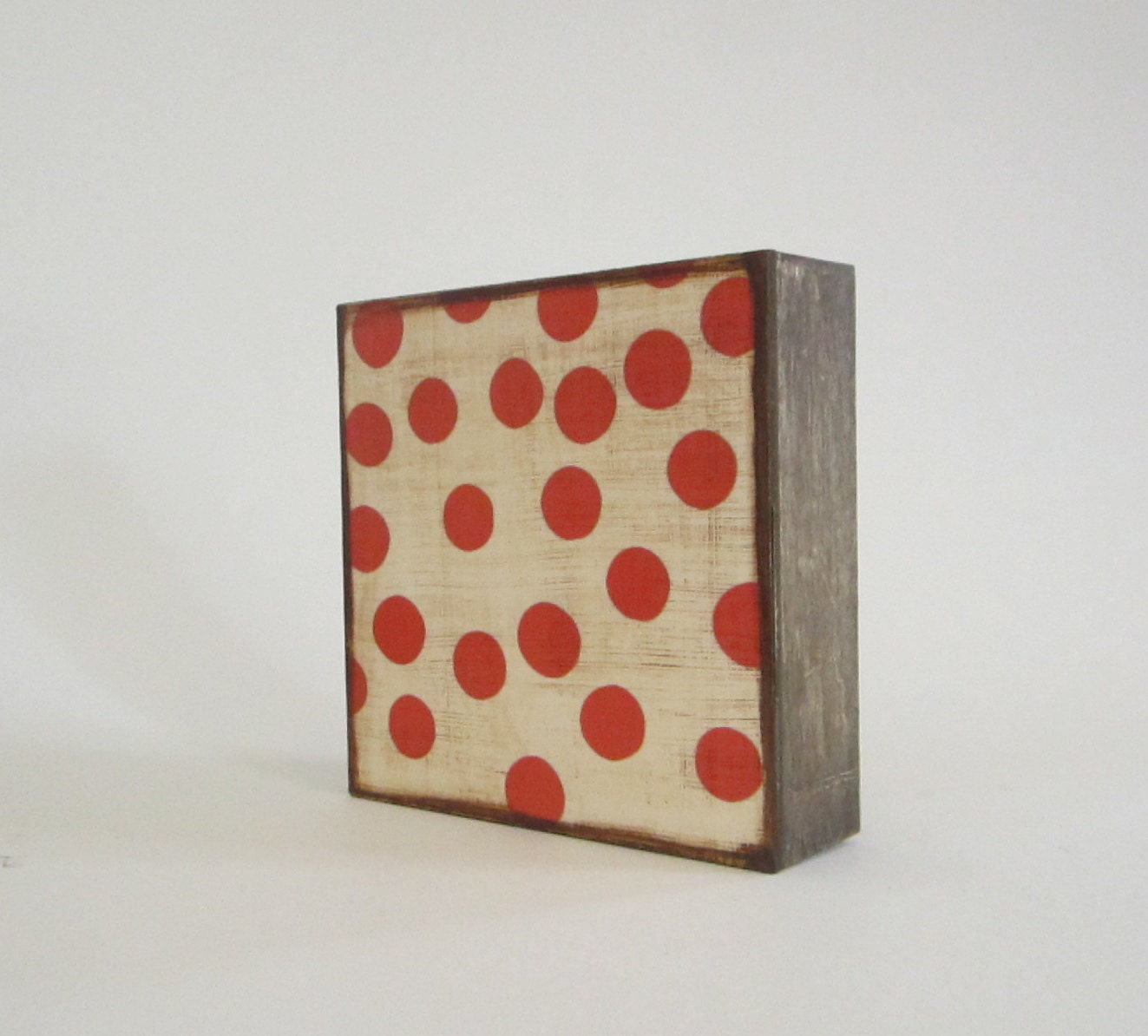 Red and Cream Dots Circles 5x5 art block on wood block geometric pattern polka modern red tile studio