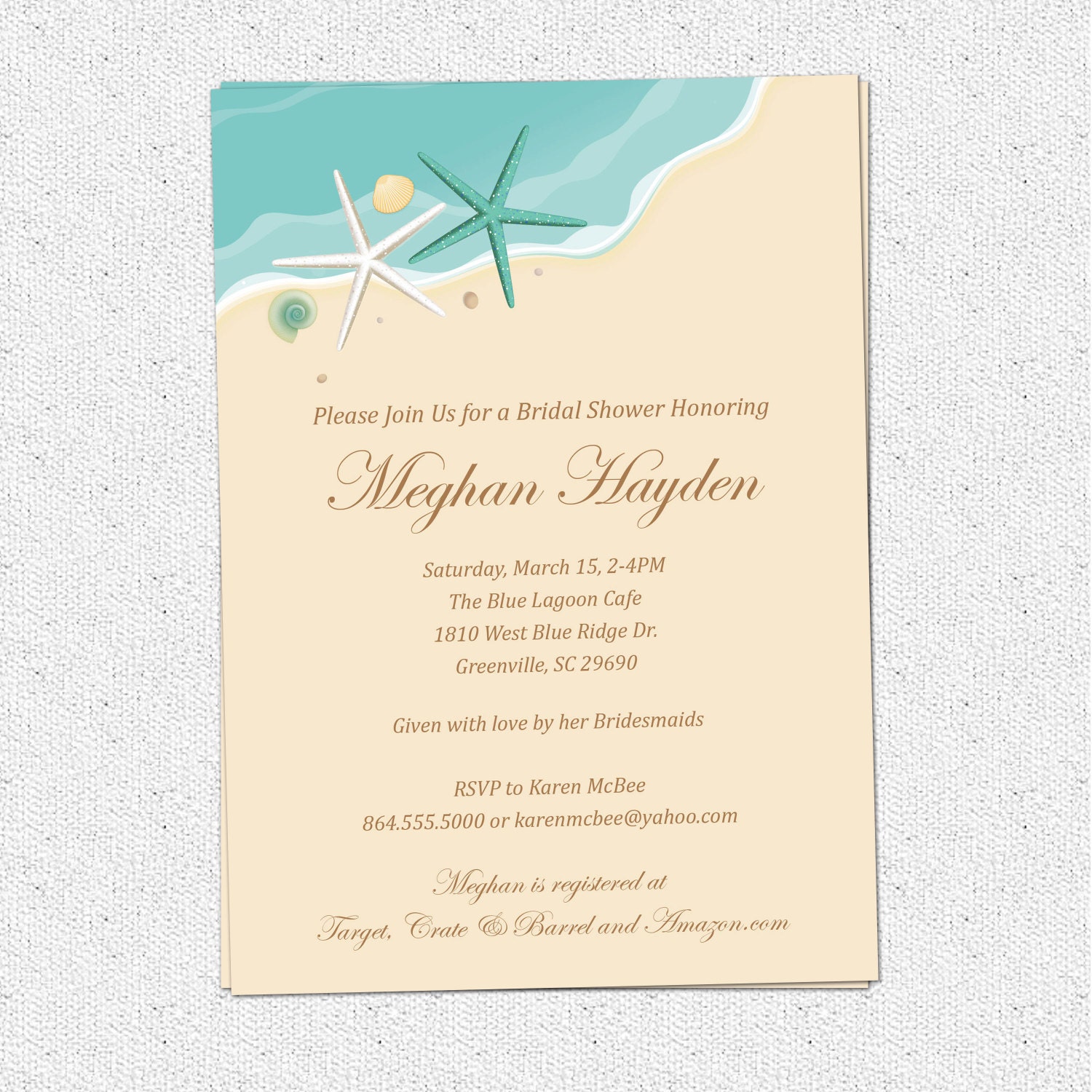 Beach Invitation Printable, Bridal Shower, Birthday, Sand Sea Surf, Starfish, Shells, Seashells, Elegant, DIY Digital File