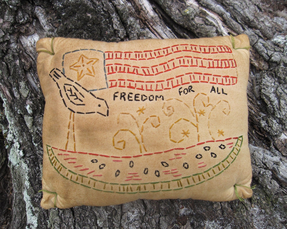 Primitive Patriotic Americana Pillow - Hand Embroidered Stitchery