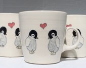Wedding Gift - Engagement Gift - Pair of Two Matching Ceramic Mugs - Penguins in Love