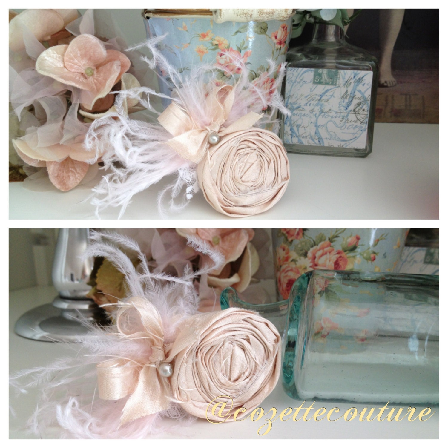 Angel Kiss by Cozette Couture silk rosette clip with feathers