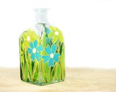 Hand Painted Glass Bottle Spring Summer Flower Botanical Design Turquoise yellow green kitchen decor home decor -Decorative Glass Art