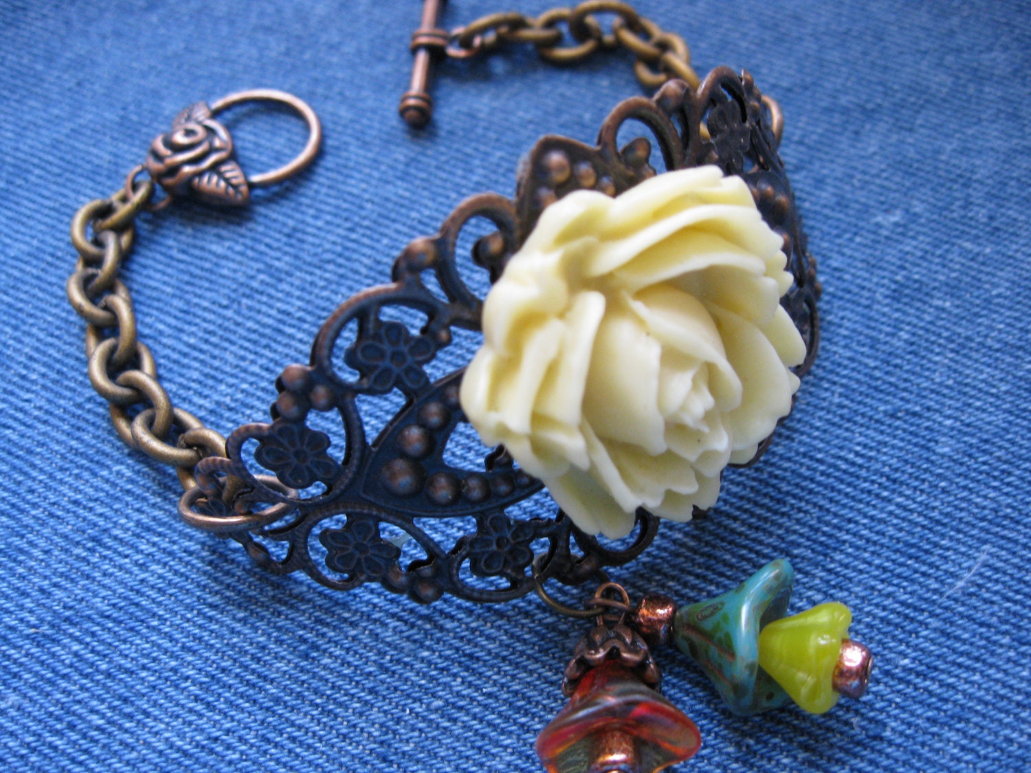 Vintage Style Copper Filigree Bracelet  Cuff with Ivory Rose