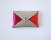 Leather Business Card Case or Wallet - Gold, Fuchsia, and Coral Colorblock