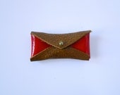 Leather Mini Business Card Case - Pebbled Brown & Red Color Block