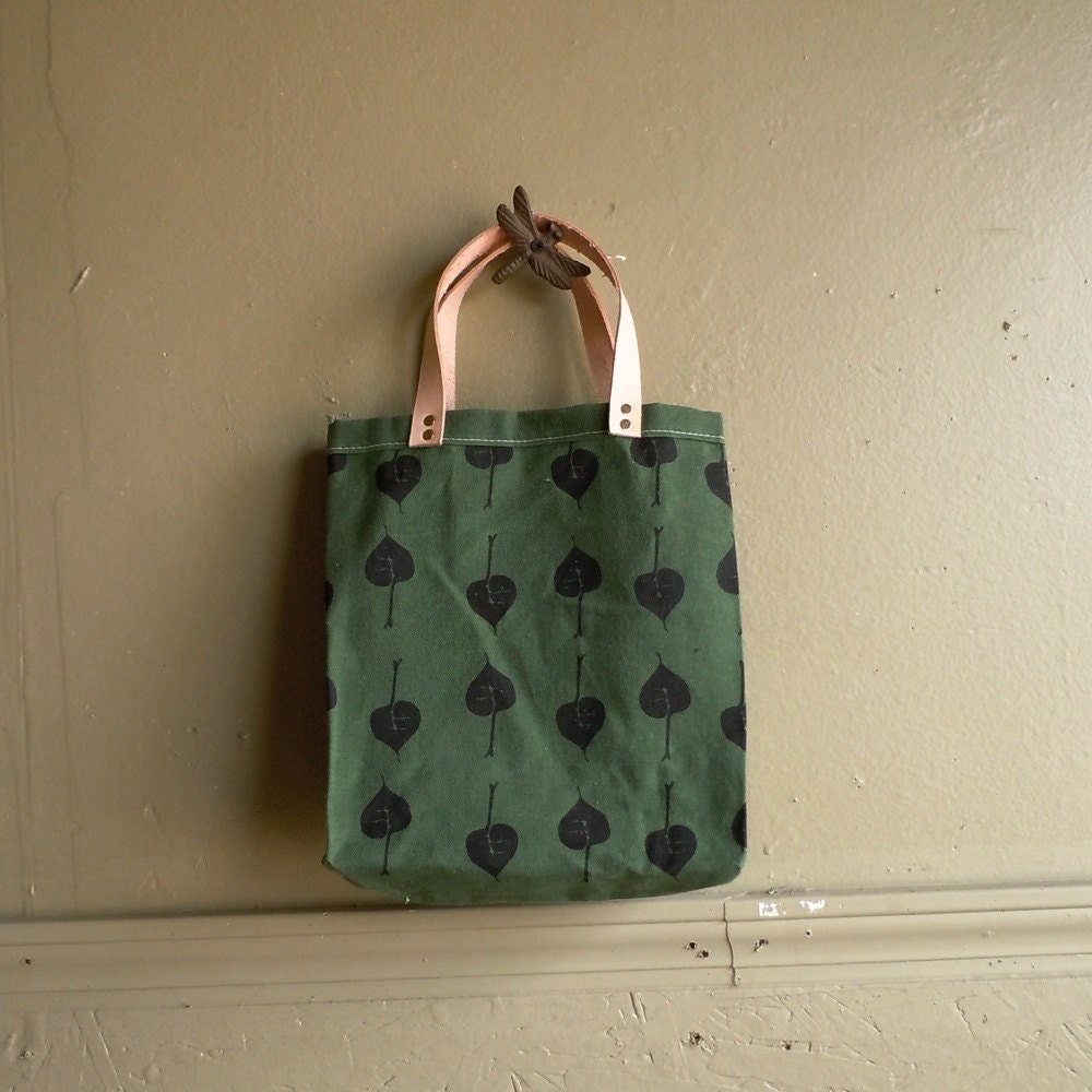 Pine Forest Green Waxed Canvas Tote with Leaf Imprint