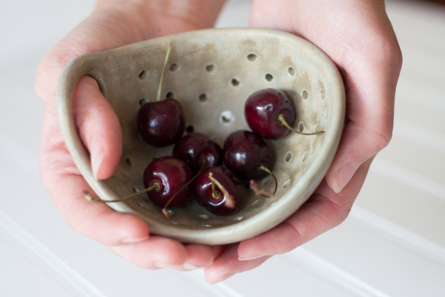 Pottery Berry Bowl with Handle - Small in Olive Green - Ceramic Colander