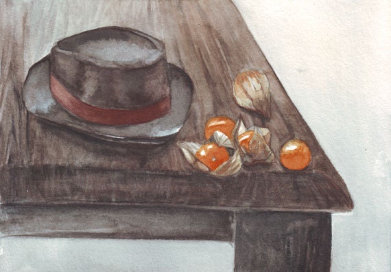 Original watercolor art of still life gentleman's hat with gooseberries Painting